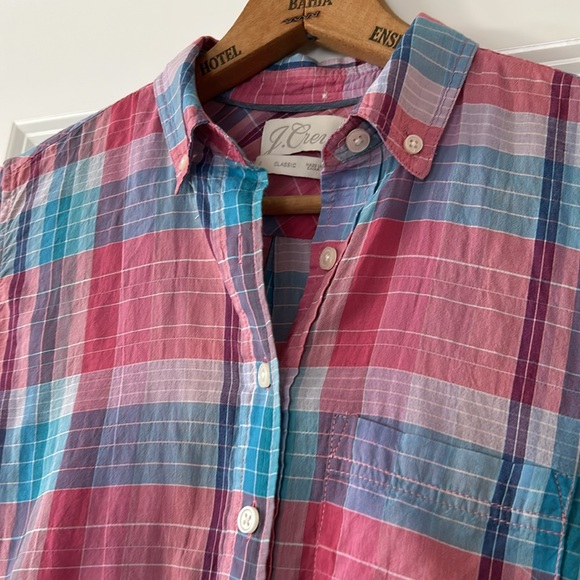 J Crew Classic Plaid Popover Blouse Pink Purple Turquoise - Picture 11 of 12